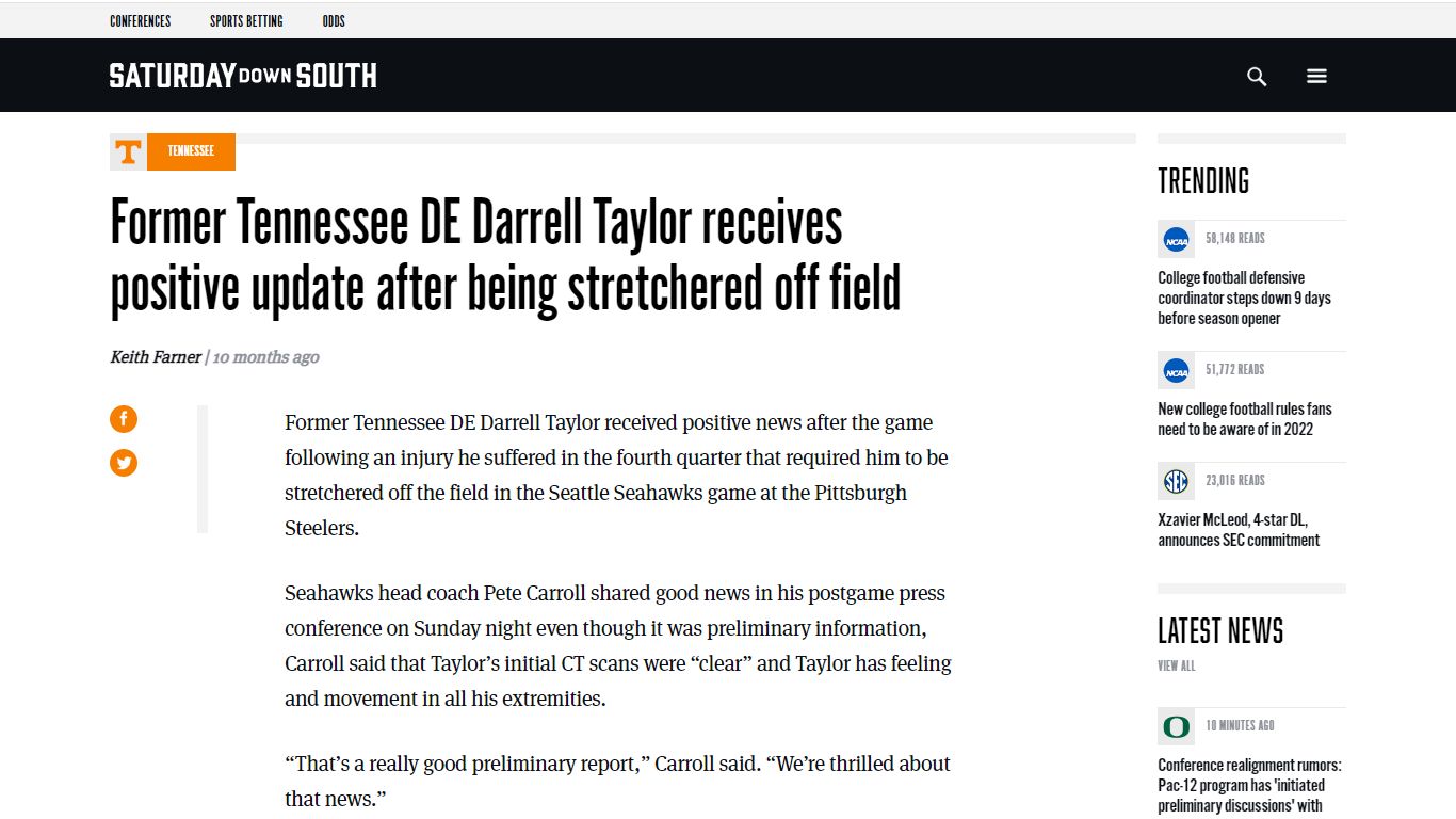 Former Tennessee DE Darrell Taylor receives positive update after being ...